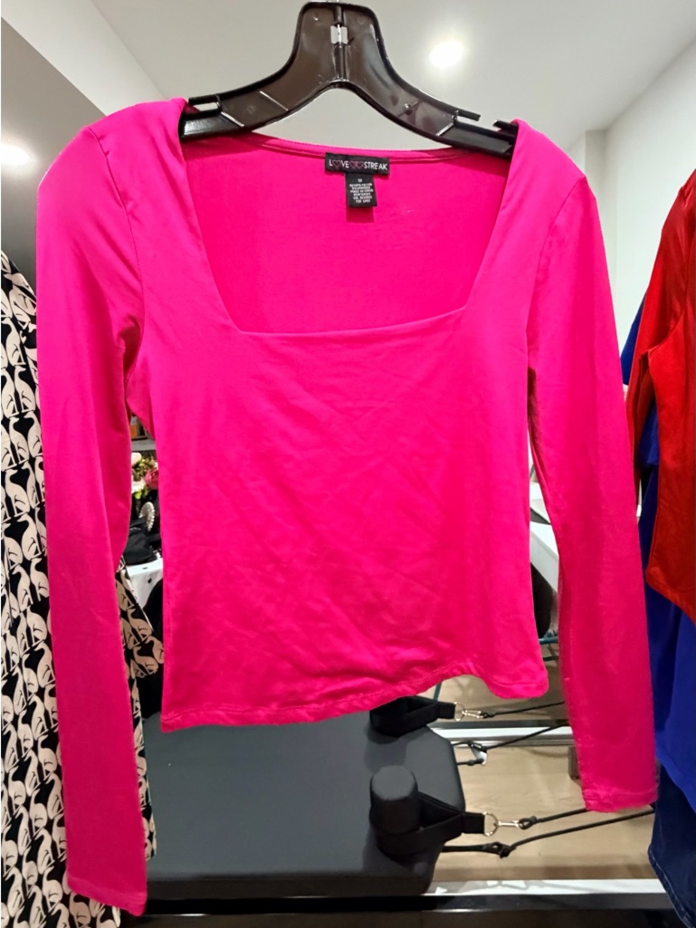 Love Streak Fitted Long-Sleeve Square Neck Top in Hot Pink